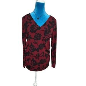 WHBM Women's Tunic Dress Size S Red Floral Ruched V-Neck Long Sleeve Modern